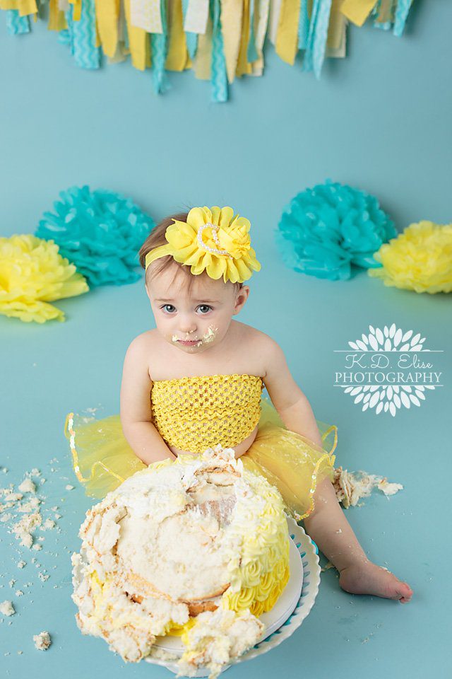 Cake smash session by K.D. Elise Photography- a fun You Are My Sunshine theme.