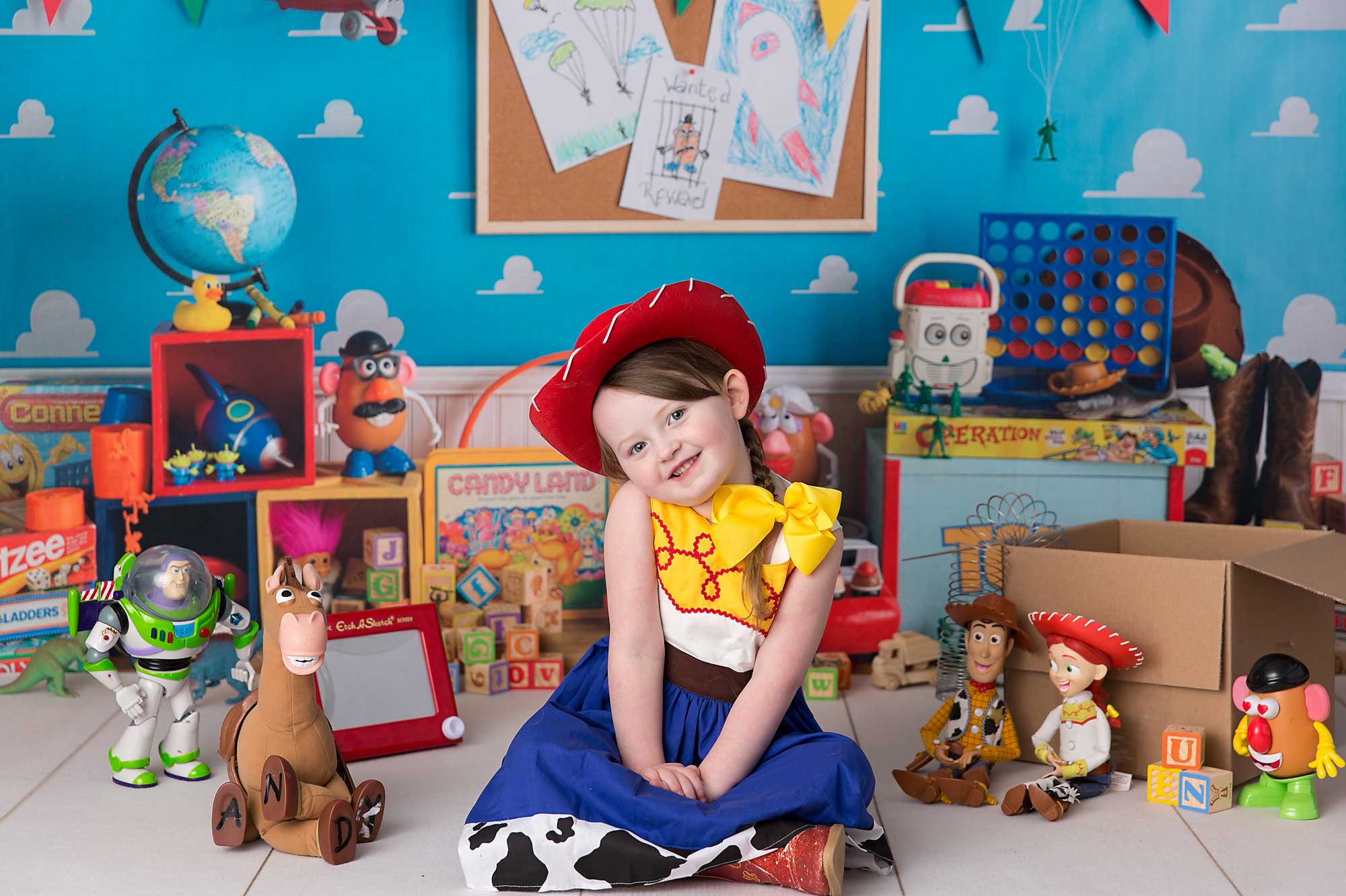 Toy Story themed children's portrait session of 5 year old little girl.