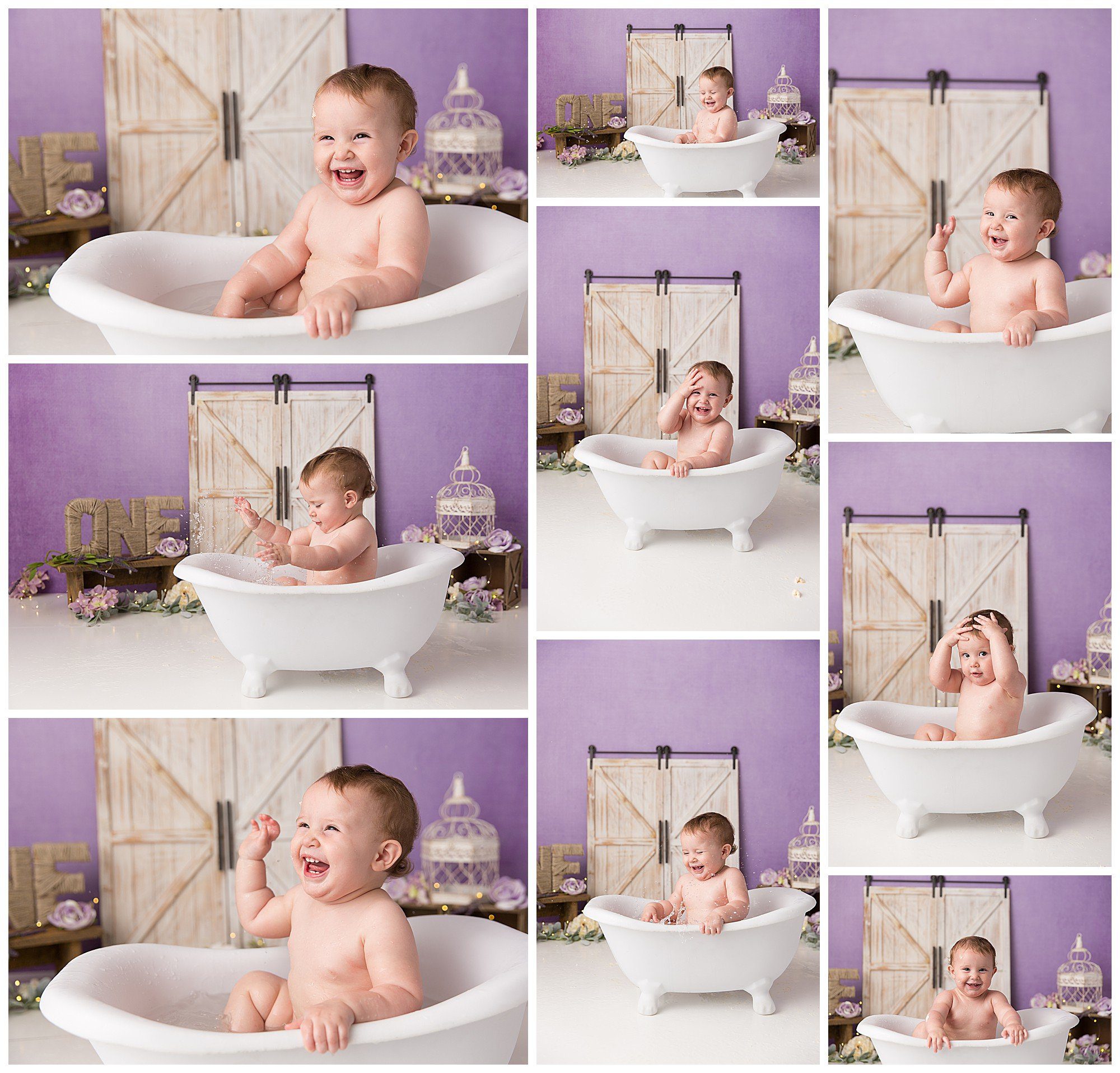 Photos of baby girl splashing in a bathtub after cake smash session with K.D. Elise Photography.