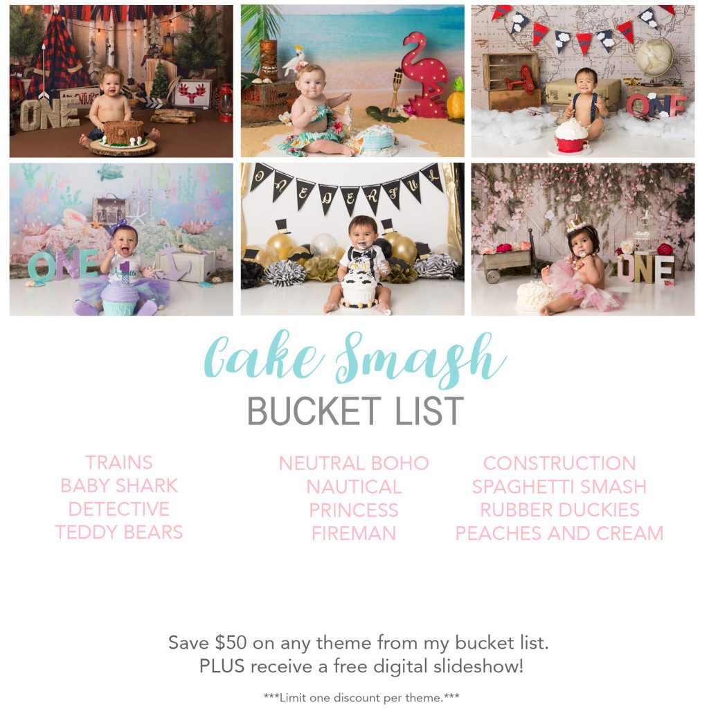 K.D. Elise Photography's 2020 cake smash bucket list sessions. List includes: trains, happy sharks, detective, teddy bear, neutral boho, nautical, princess, firemen, construction, spaghetti, rubber ducky and peaches and cream.
